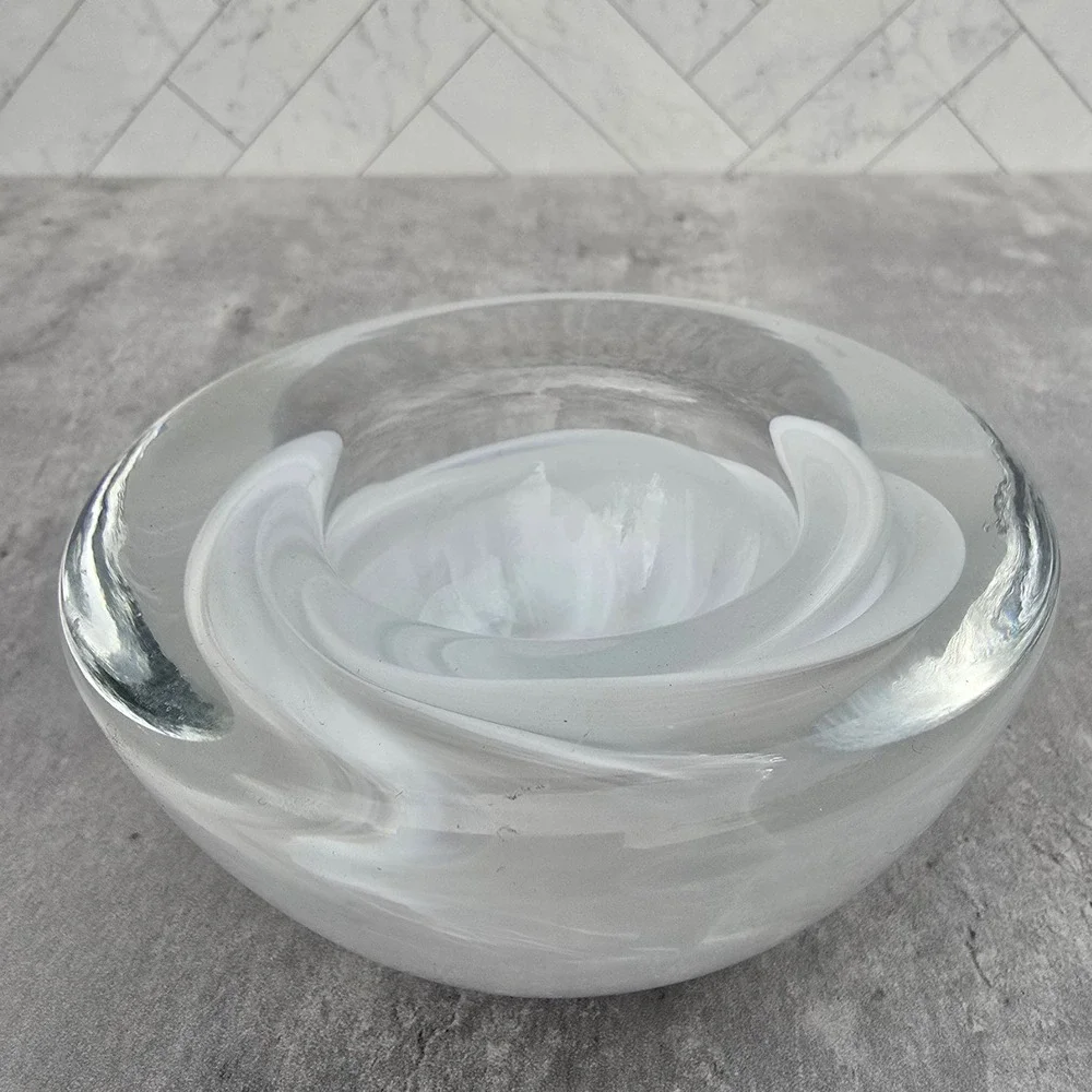 Heavy Art Glass Votive Candle Holders Set of 2 White Swirl Hurricane Design